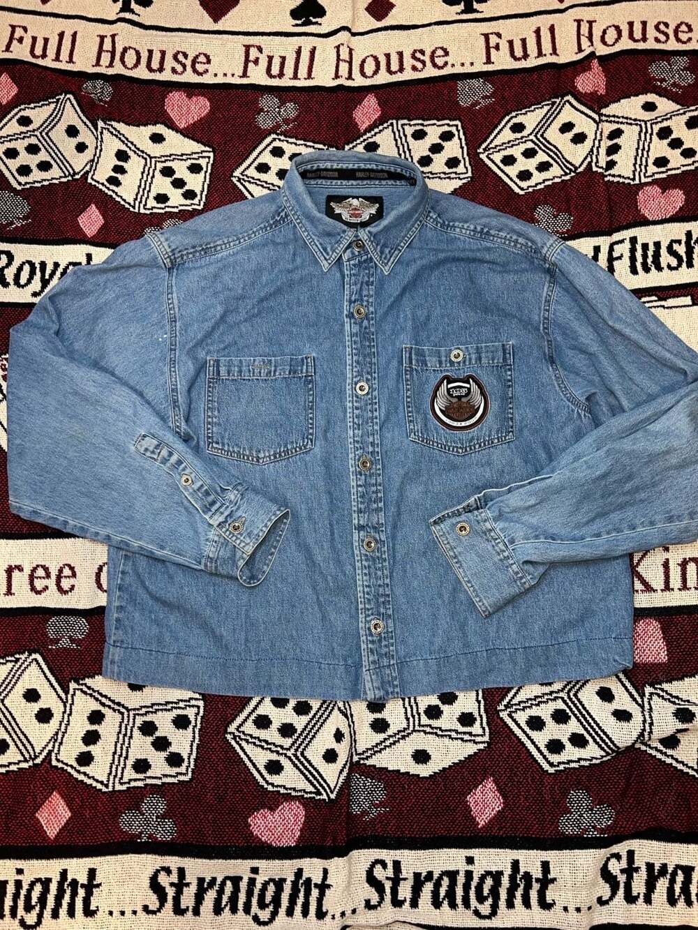 Harley Davidson 105th Anniversary Embroidered Denim Button Down Shirt (cropped)